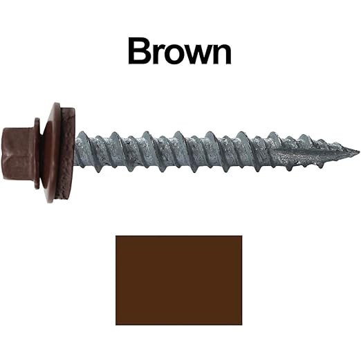 Metal ROOFING SCREWS: (250) 10 x 1-1/2" Brown Hex Head Sheet Metal Roof Screw. Self starting metal to wood siding screws. EPDM washer. Colored head