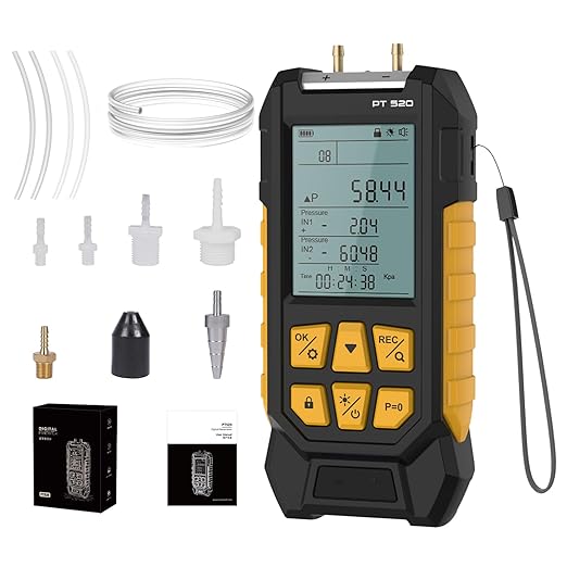 Manometer, Digital Manometer HVAC Dual Port Air Gas Pressure Tester Differential with 10 Units High Accuracy Value 29 Data Stores Backlight Display,-100~200Kpa,-1000~2000mbar
