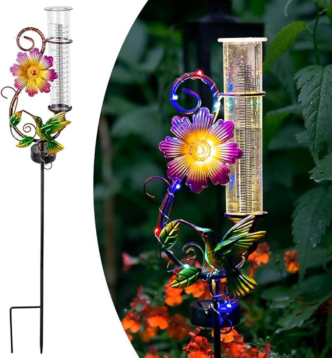 Hummingbird Rain Gauge Outdoor, Solar Rain Gauge, Metal Rain Measure Gauge with 7 Inch Tube, Decorative Color Lights Rainfall Measurement for Yard