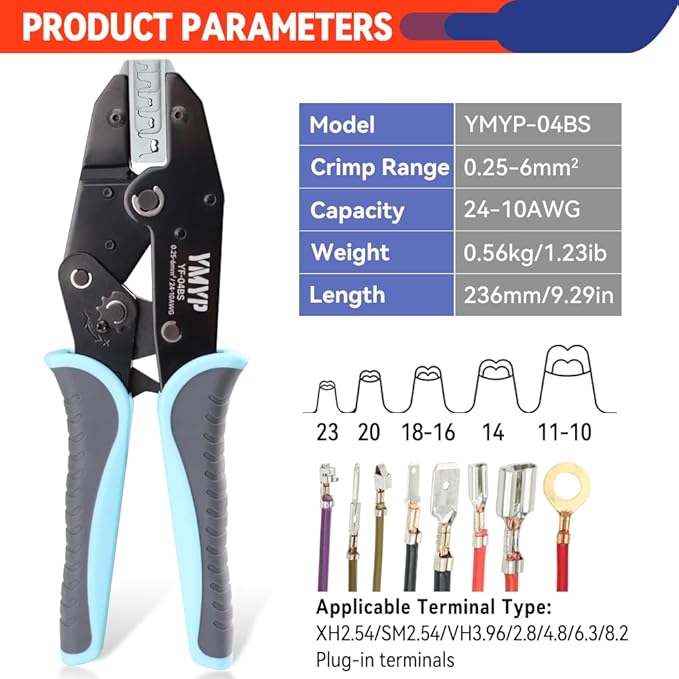 Crimping Tool for Open Barrel Terminals JST Molex TE Connectors - 24-10 AWG (0.25-6mm²) with Wire Cutting Jaw - Ratcheting Wire Crimper