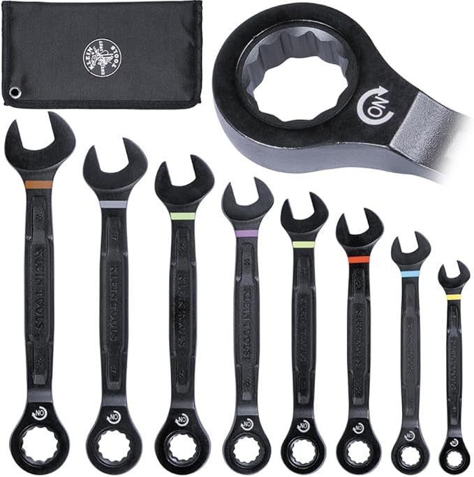 Klein Tools 69408MG Ratcheting Combination Wrench Set, Metric, 8-Piece, 8 to 19 mm, Steel Alloy, Foam Pouch, 90-Tooth