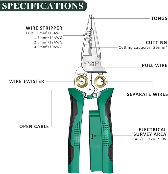 8 in 1 Wire Stripper Twister with Electricity Measurement, Multi-Function Wire Stripping Pliers for Wire Stripping Crimping and Cutting，Applicable AWG18-10/6, 1.0, 1.5, 2.5, 2.0, 4.0 mm² wire