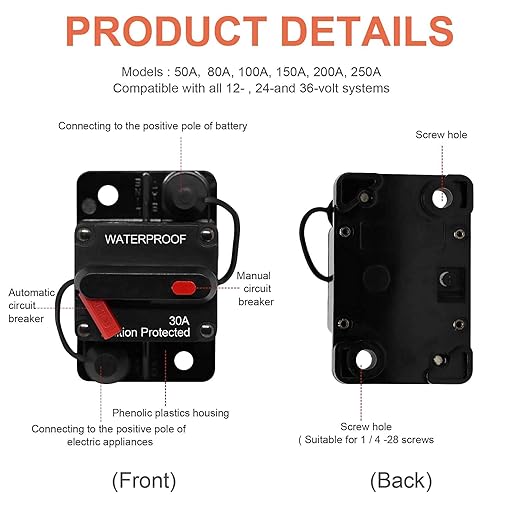 Erayco 50 Amp Circuit Breaker with Manual Reset for Car Marine Trolling Motors Boat ATV Manual Power Protect for Audio System Fuse, 12V-48VDC, Waterproof (50A)