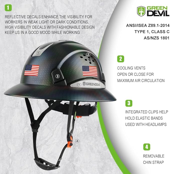 GREEN DEVIL Full Brim Hard Hat Vented Construction Safety Helmet OSHA Approved Cascos De Construccion ABS Work Hardhat for Men&Women 6 Point Adjustable Ratchet Suspension Custom Pattern Design