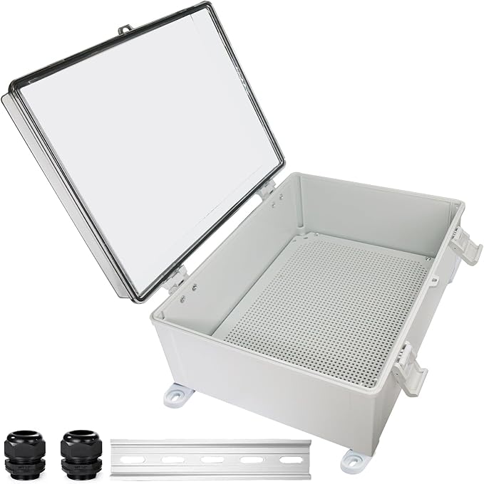 Waterproof Outdoor Electrical Box Junction Box Weatherproof IP67 ABS Plastic Enclosure Switch Router Project Box with Mounting Plate with Wall Bracket 2 Cable Glands Clear 15.74" x 11.81" x 6.7"