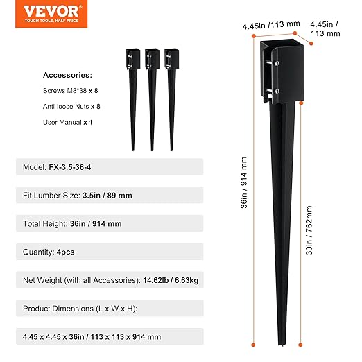 VEVOR Fence Post Anchor, 4-Pack Ground Spike, 36x4x4 OD (3.5x3.5 ID), Durable Metal, Black Powder Finish, Ideal for Mailbox, Deck, and Garden Railings