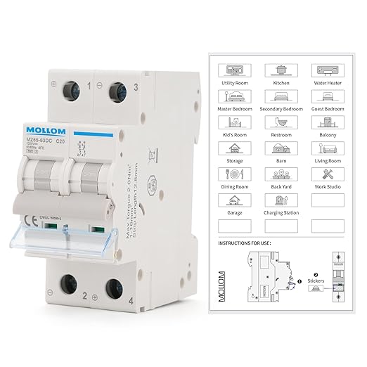 MOLLOM DC 2 Pole Miniature Circuit Breaker, 1000V 20Amp, C20 Scene Visualization Custom MCB Thermal Magnetic Trip, 6KA Breaking Capacity DC Disconnect Switch for Solar PV System