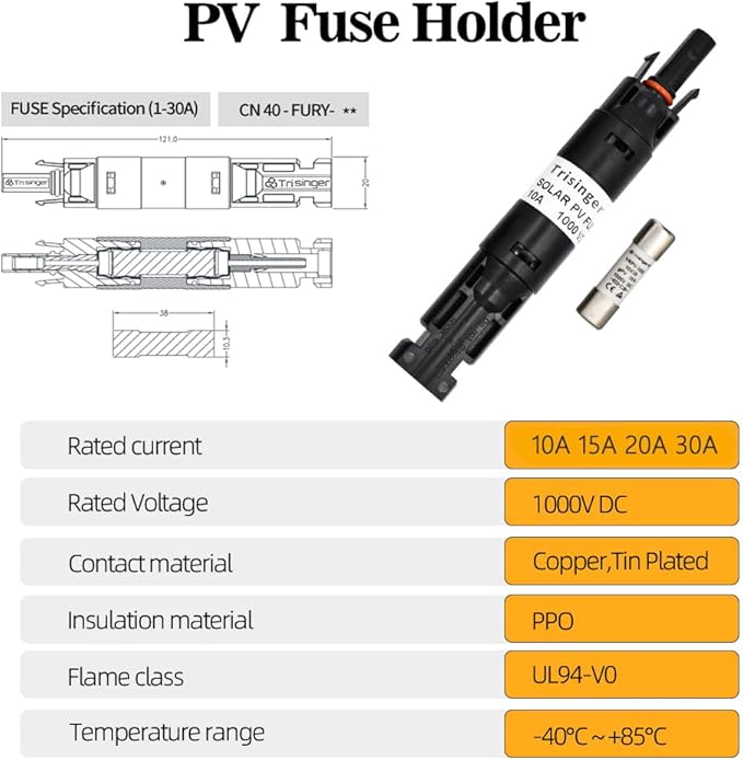 Solar Fuse Holder Inline Connector 20A, 1000VDC IP68 Waterproof in-line Fuse, for Solar Photovoltaic System, with 10X38mm Fuse (20A)