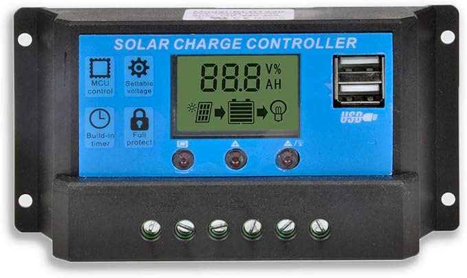20A Solar Charge Controller, Solar Panel Charge Controller Intelligent Regulator with Dual USB Port 12V/24V,PWM Auto Paremeter Adjustable LCD Display Blue