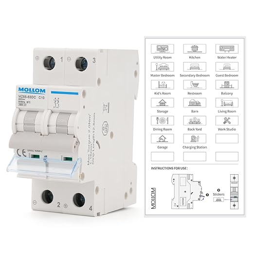 MOLLOM DC 2 Pole Miniature Circuit Breaker, 500V 10Amps, C10 Scene Visualization Custom MCB Thermal Magnetic Trip, 6KA Breaking Capacity DC Disconnect Switch for Solar PV System