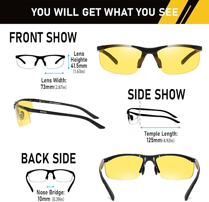 DUCO Night Driving Glasses Night Vision Glasses for Men Women Polarized Anti-Glare UV400 Metal Frame Yellow Lens 8125Y