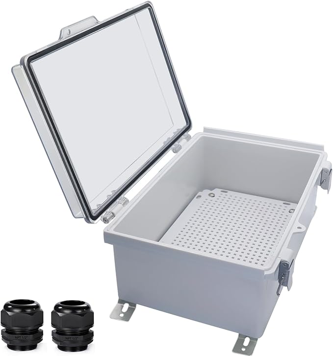 Waterproof Outdoor Electrical Box Junction Box Weatherproof IP67 ABS Plastic Enclosure Switch Router Project Box with Mounting Plate with Wall Bracket 2 Cable Glands Clear 11.81" x 7.87" x 5.12"