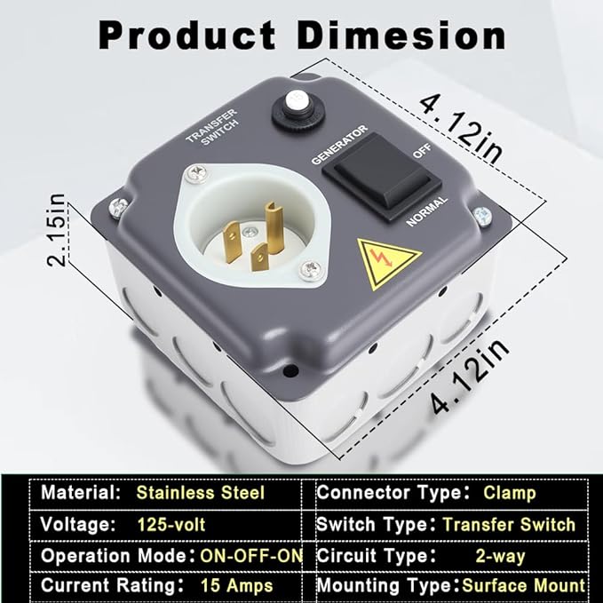 15 Amp 125V Manual Generator Transfer Switch, Pre-Wired Essential Circuit Power Switch for Home Backup, Safe and DIY Installation