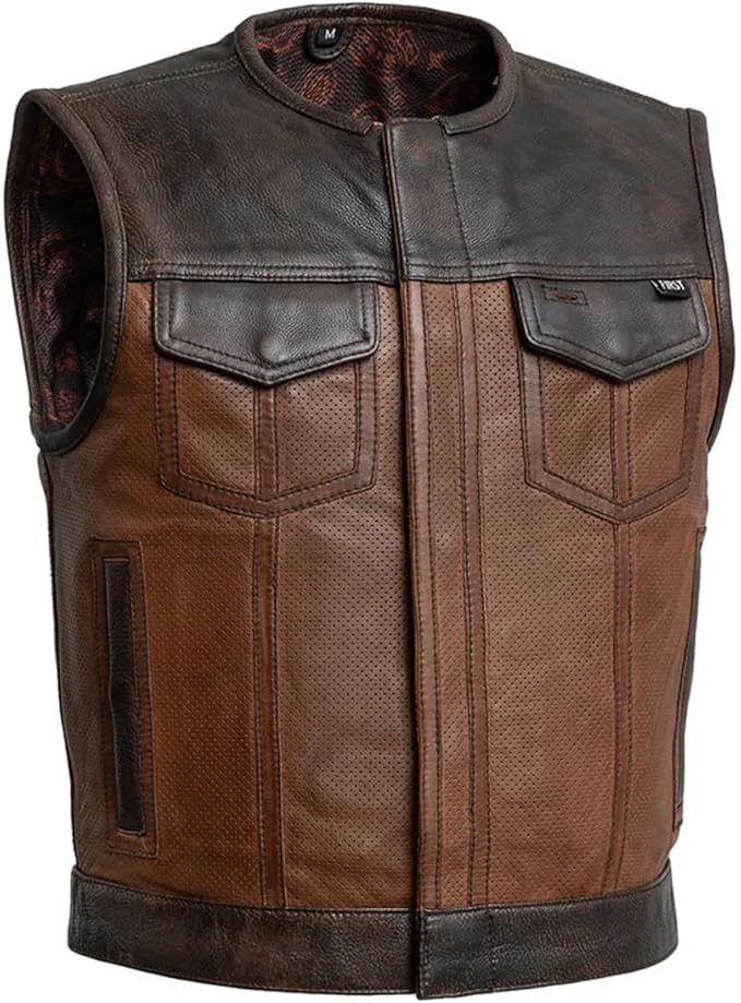 First Mfg Co - Lowside - Mens Motorcycle Biker Riding Canvas, Leather, Twill, Perforated Leather Vest