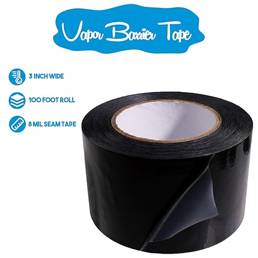 Vapor Barrier Tape, 3" Polyethylene Tape Black Seal Tape for Crawl Space, Underlayment, Marine Use, Repair,Construction Sheathing Seal Film, 180 Foot Roll