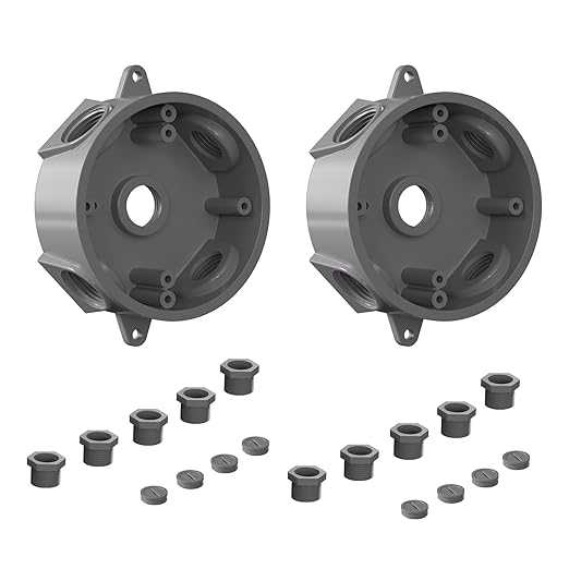 Weatherproof Round Electrical Outlet Box, 5 Hole-1/2 or 3/4 inElectrical Outlet Box for Engineered Solutions, UL Listed, Gray, 2PACK