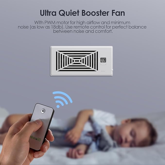Quiet Register Booster Fan Fits 4" x 10" Register Holes, 10-Speed Smart Heating Cooling AC Vent Fan with Remote Control and Thermostat Control - White