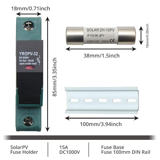 15A 1000V DC Solar PV Fuse Kit with Holder - 10x38mm PV Fuse Link for Photovoltaic Systems, DIN Rail Mount (100mm), Overload Protection