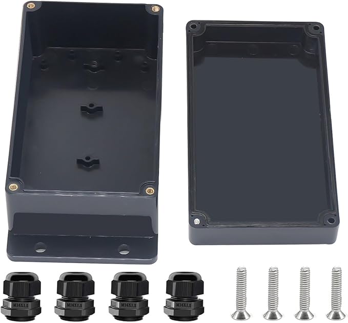 Project Box ABS Black Electrical Boxes IP67 Outdoor Waterproof Junction Box Electronic with Mounting Ears Includes Cable Glands for DIY Project 6.2 x 3.5 x 2.4 inch (158x90x60mm)