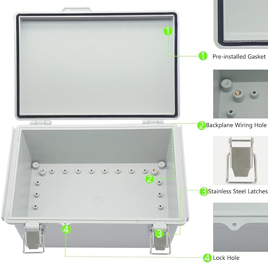 Zulkit Junction Box ABS Plastic Dustproof Waterproof IP67 Electrical Boxes Hinged Shell Outdoor Universal Project Enclosure Grey, Stainless Steel Buckles 11.4 x7.5 x 5.5 Inch