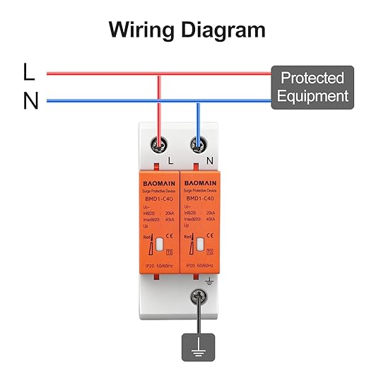 Baomain 2P (1P+N) Surge Protective,24V DC 40kA,BMD1-C40 Single-Phase SPD with Neutral Protection,for Solar Charge Controllers and Low-Voltage DC Systems,DIN Rail Mounting,Flame Retardant Housing