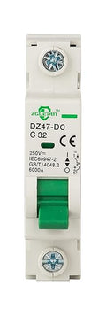 DC Miniature Circuit Breaker, 1 Pole 32 Amp, 110V-250VDC, 6kA Din Rail Mount Breaker with Thermal Magnetic Trip, DZ47-63 C32 1P, DC Solar MCB