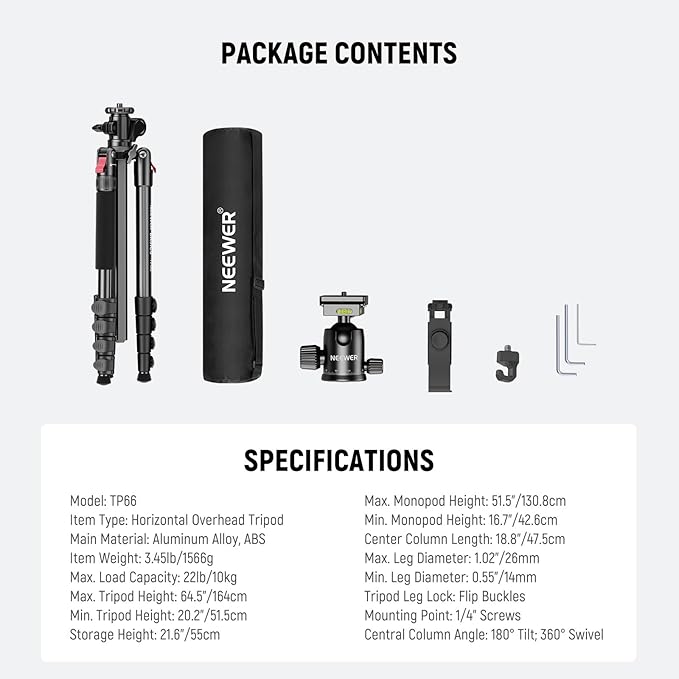 NEEWER Basics 64.5" Horizontal Overhead Tripod with Ball Head/Cell Phone Holder Compatible with iPhone Video Recording, Aluminum Travel Stand Camera Monopod, 360° Pan 180° Tilt 22lb/10kg Load, TP66