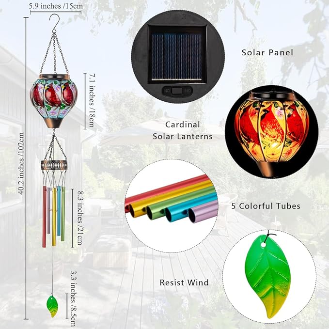 Cardinal Wind Chimes for Outside,Solar Wind Chimes with Solar Lights,Hanging Wind Chime Deep Tone,Windchimes Outdoor,Memorial Wind Chime for Mom,Outdoor Windchime for Loss of Loved One