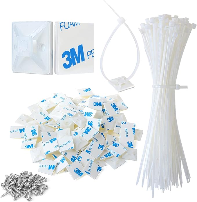 200pcs 3/4" Back-Glue Self Adhesive White Strong Cable Zip Tie Mounts with 8" Ties, Screws, Outdoor Sticky Wire Fasteners Cable Clips Management Anchors Organizer Holders Squares