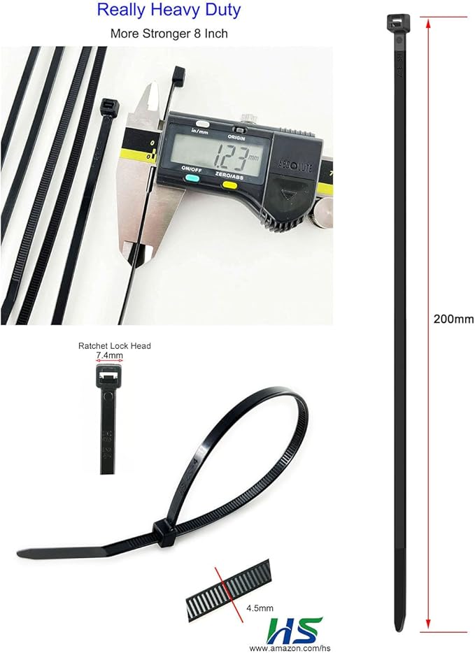 HS Thick Zip Ties 8 Inch x 3/16" (Bulk-500 Count) UV Black Cable Ties 50 Pounds Heavy Duty Self-Locking Strap Ties for Automotive,Outdoor Fence Purpose