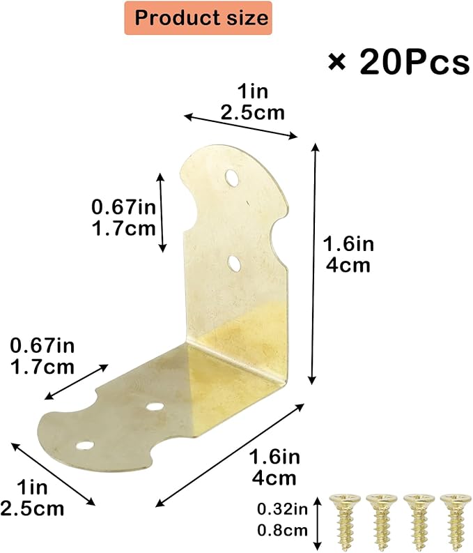 Geesatis 1.6" X 0.7" Set of 20 Right Angle Decorative Corner Protector Box Edge Cover Bracket, with Mounting Screws, Iron,Gold