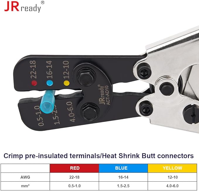 JRready ACT-AD10 Ratcheting Crimping Tool, 22–10 AWG Wire Crimper for Heat Shrink Butt Connectors & Insulated Terminals, Oval Crimp Die, Full-Cycle Ratchet for Marine/Automotive/RV Wiring