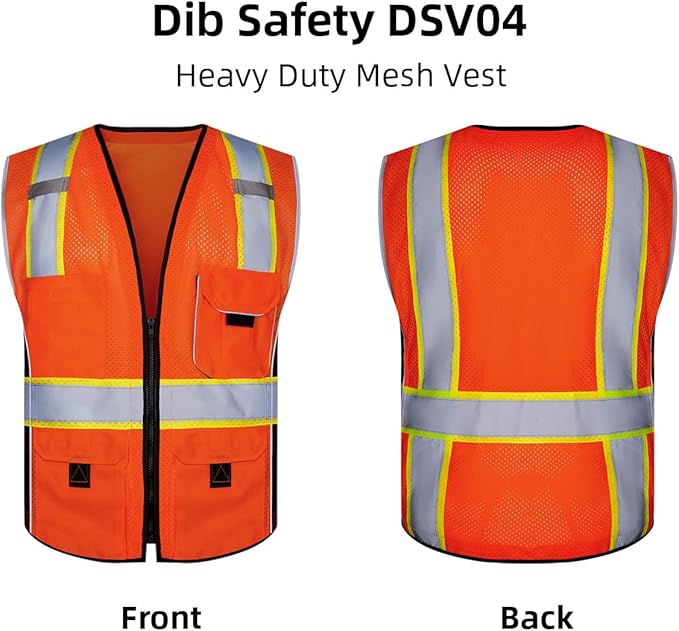 Dib Safety Reflective Vest Orange Mesh, High Visibility Vest with Pockets and Zipper, ANSI Class 2 Heavy Duty, Made with 3M Reflective Tape, S