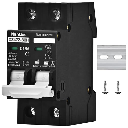 DC 36V to 250V Circuit Breaker 16/20/25/32/40/50/63A - 6kA PV Solar & Battery Protector, AC/DC Short-Circuit Overload Automatic Cut-Off, DIN Rail Mount, Fire-Safe Black Protector (16A)