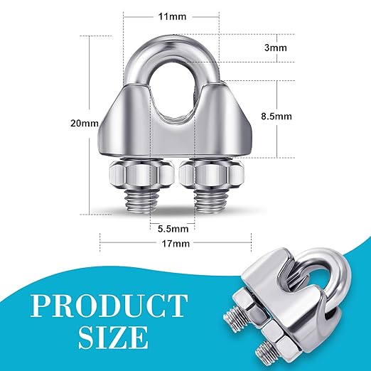 Blulu 50 Pcs 1/8 Inches M3 Stainless Steel Wire Rope Cable Clip Clamp 304 Stainless Steel Wire Rope Clamp Clip Wire Cable Clamp Wire Rope Clips U Bolt Saddle Fastener