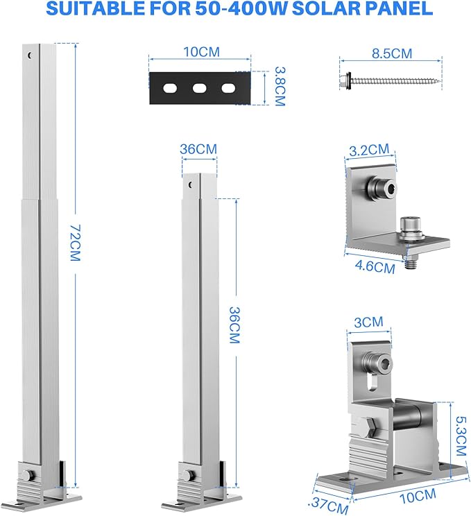 4PCS Adjustable Solar Panel Tilt Mount Brackets Aluminum Alloy Mounting Bracket Stand Systems Support 50W 70W 100W 150W 200W 300W 400W Solar Panels for Ground, Roof, Boat, Wall ,Railer, RVs