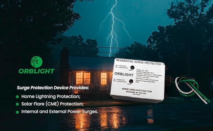 ORBLIGHT Whole House Surge Protector, 260kA, EMP, Lightning, Solar Flare, CME & Power Surge Protection, Shield Technology, IP67 Waterproof, Heavy-Duty Home Electrical Panel Device