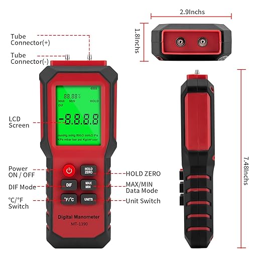YZT Digital Manometer - Air, Gas Pressure Meter with Differential Gauge and Dual-Port Tester (9v Battery Included)
