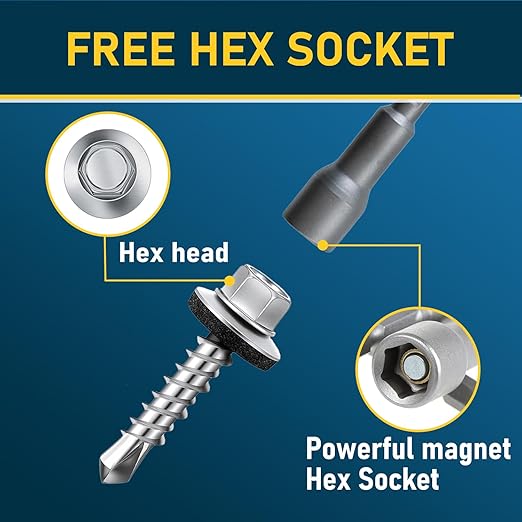 300Pcs #10 x 1 Inch Galvanized Metal Roofing Screws, Hex Head Drill Point Sheet Metal Roof Screw with Rubber Washer, EPDM Washer, with Hex Drive Bit.