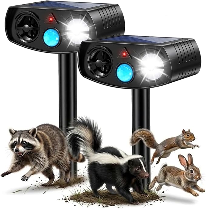Solar Animal Repeller Outdoor, Motion Activated Ultrasonic Pest Deterrent with LED Light, Waterproof Repellent for Yard Garden, Raccoon Squirrel Rabbit Cat Dog, 2 Pack