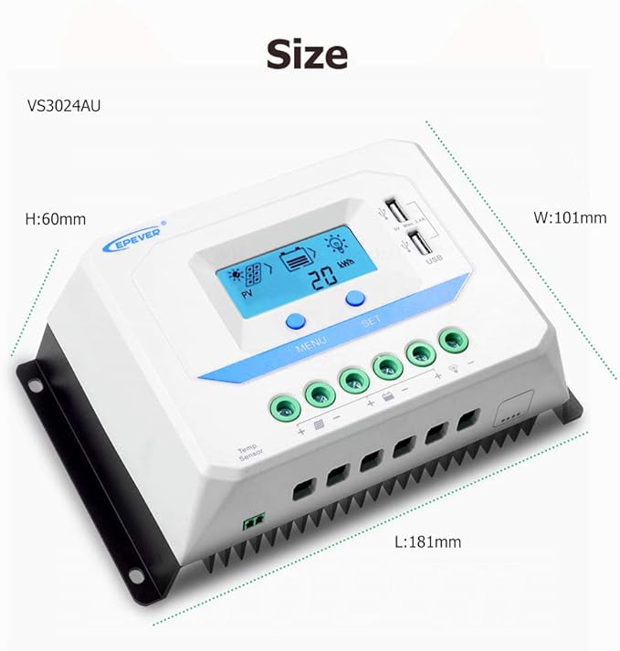 EPEVER Solar Charge Controller 30A 12V/24V Auto Work, Solar Panel Solar Charge Controller PWM Regulator with LCD Display and USB 5V Output, for Lead-Acid Gel Sealed Flooded Battery