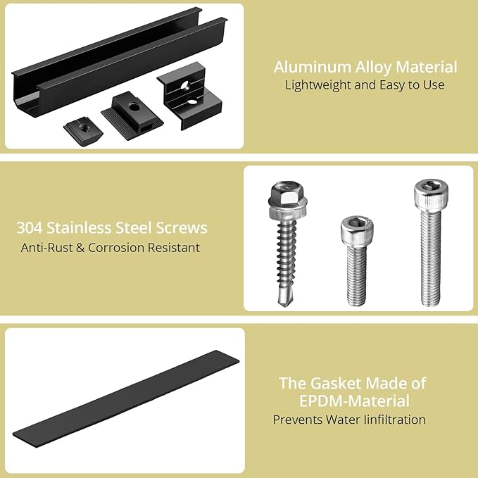 Anbte 6Pcs Solar Panel Mounting Brackets, Aluminium 7.87" Solar Panel Mounting Rail & 30mm/35mm End Clamp & Mid Clamp, Solar Panel Mounting Kit for Metal Roof, Tin Roof, Flat Roof, Sheet Roof, Black