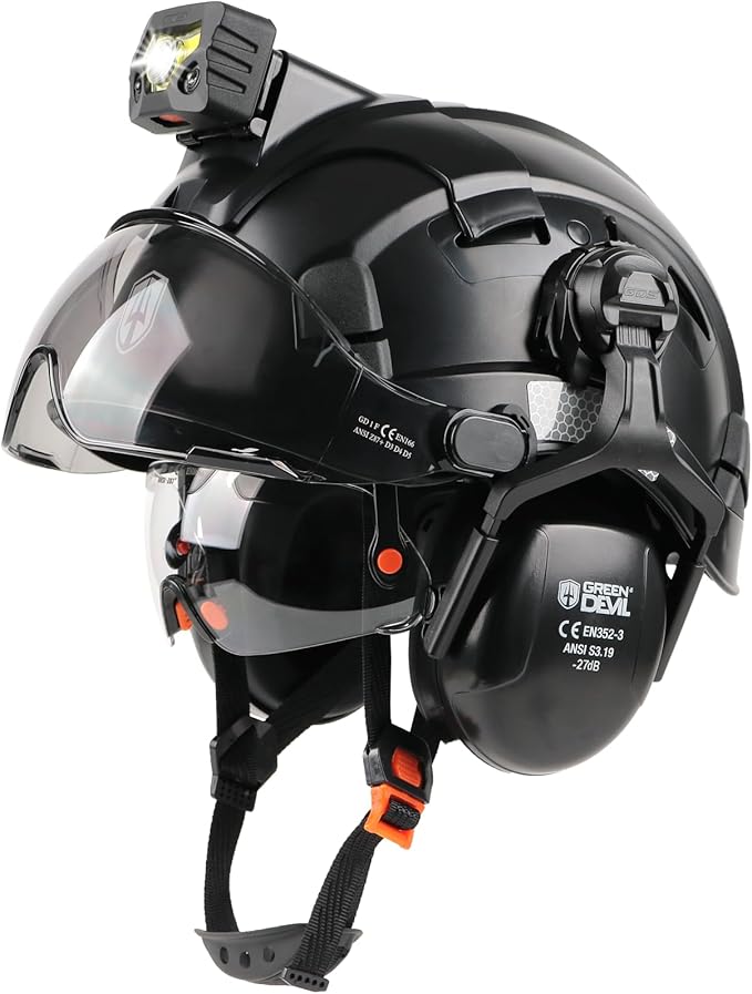 GREEN DEVIL Hard Hat Safety Helmet with Rechargeable Headlamp Light and Visor Ear Muffs Vented Work Hardhat ANSI Z89.1 Cascos De Construccion for Industrial Construction Forestry