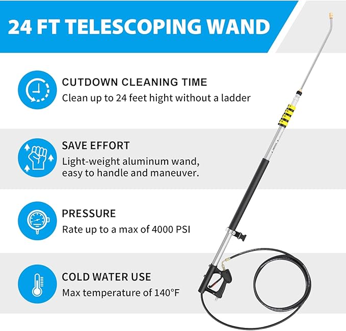 24 FT Telescoping Pressure Washer Wand Extension, Power Washer Extension Wand with Brush Head, 7 Nozzle Tips, 3 Adapters & Support Harness, Gutter Cleaning Tools for 2 Story House