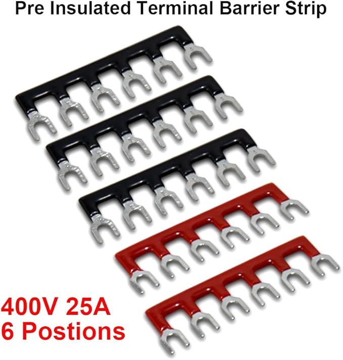 MILAPEAK Terminal Block and Strip - 5pcs 6 Positions 600V 25A Dual Row Screw Terminals Strip with Cover+5pcs Pre-Insulated Barrier Jumper Strips Black & Red + Spade Fork Wire Connectors