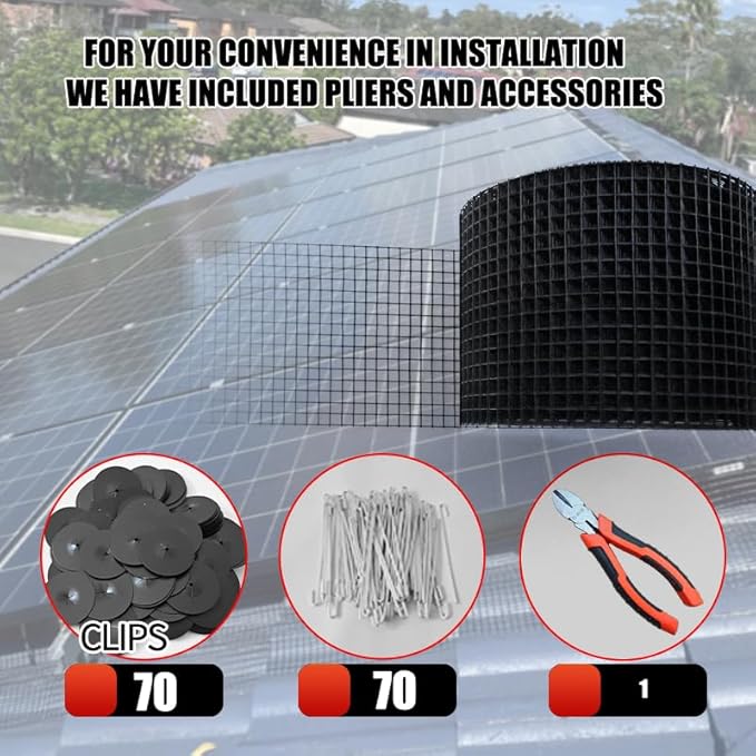 6-inch * 100 Foot Solar Panel Protective net, Black PVC Coated Rolled net, with 70 Sets of Fasteners, Anti cat/Squirrel/Bird Intrusion Solar Panel Internal Welding Protective net