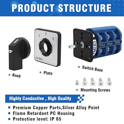 63A Rotary Change-Over Switch,3 NO 3 NC 2-Way, 3 Position 3 Phase 12 Terminals, 660V Universal Selector Switch for Solar and Grid Power Switching