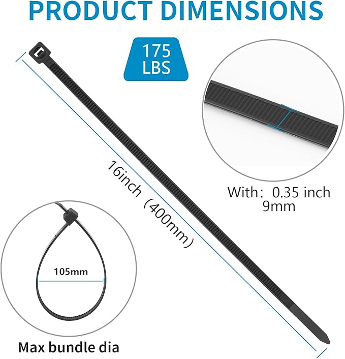 100PCS 16 inch Cable Zip Ties Heavy Duty 175lbs Tensile Strength Nylon Long Wire Ties Self-Locking Durable Plastic Tie Wraps for Indoor and Outdoor UV Resistant(Black)
