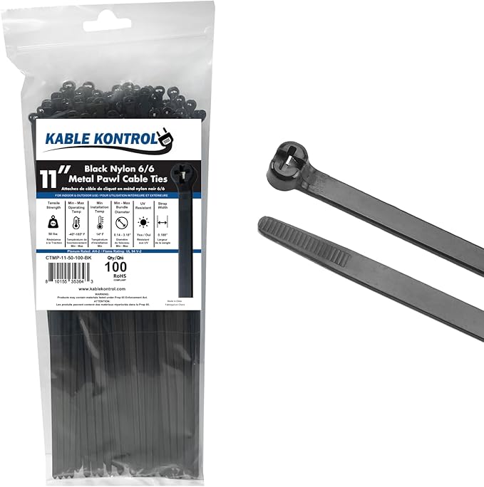 Kable Kontrol Cable Ties with Metal Tooth, 11 Inch 100 Pcs, 50 Lbs Tensile Strength, Metal Pawl, Stainless Steel Toothed Self-Locking Device, UV Resistant Steel Barb Zip Ties - Black