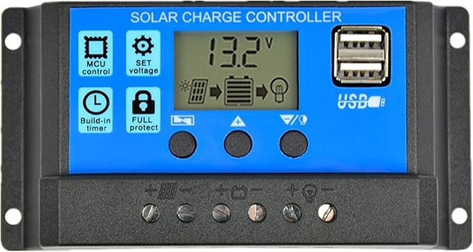Solar Charge Controller PWM 30A 12V/24V Auto Parameter Solar Panel Regulator with Adjustable LCD Display Dual USB Port Timer Setting PWM MPPT